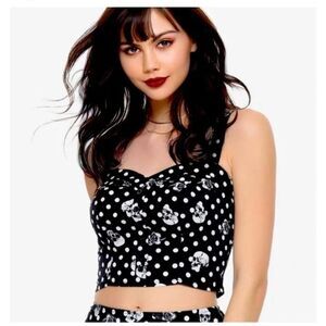 Hot topic Black & White Polka Dot Skull & Rose Girls Crop Tank S M